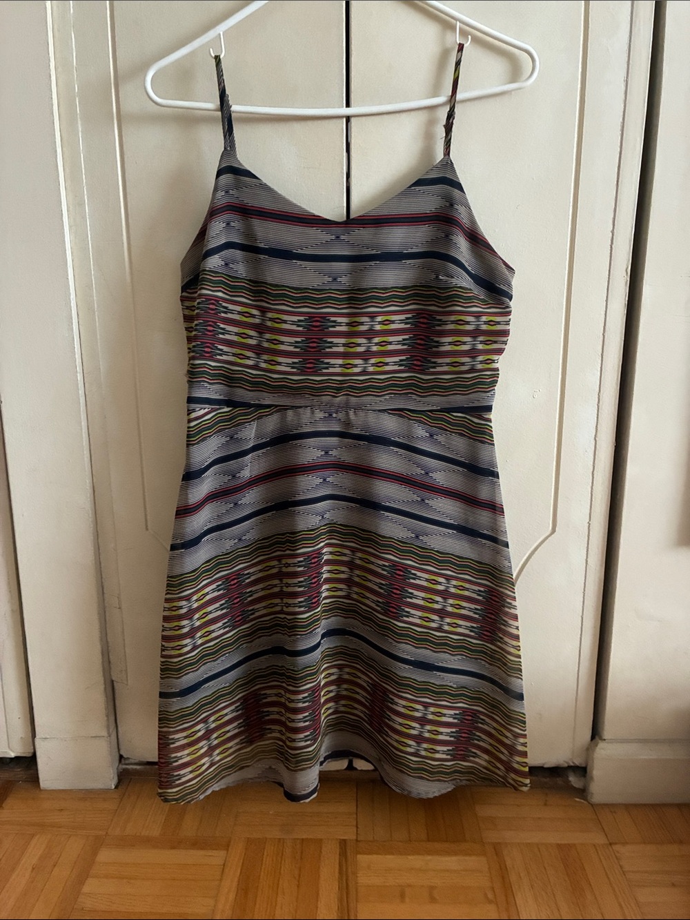 Spaghetti Strap Tribal-Stripe A-Line Dress in navy with liner